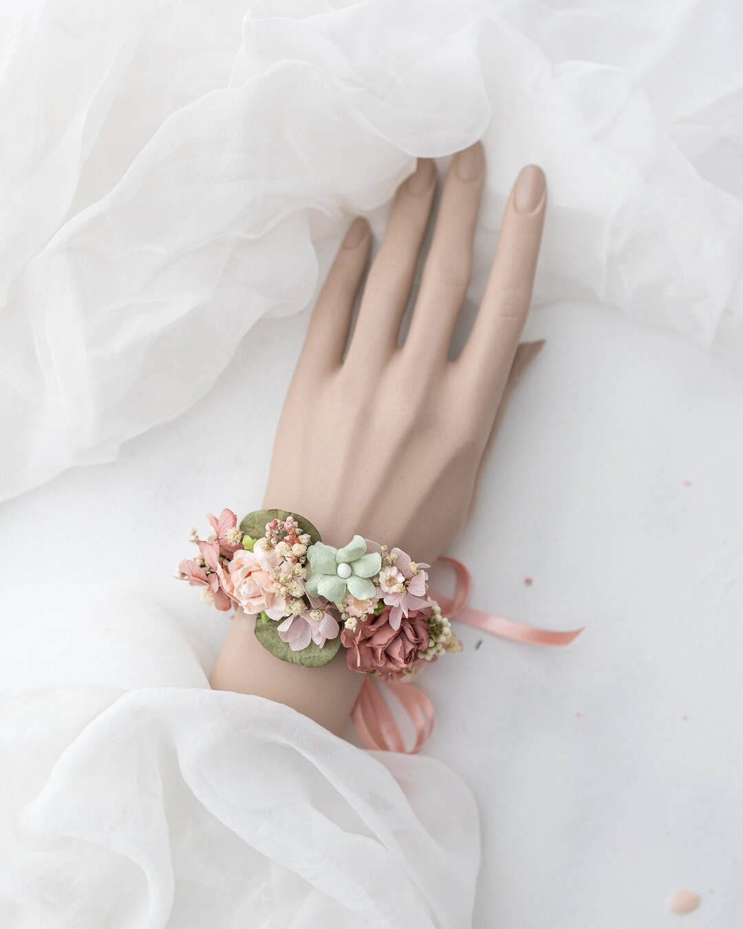 Wedding Wrist Corsage With Dried Flowers, Roses, Peonies  display picture 3