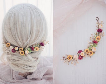 Vite per capelli da sposa con girasoli, respiro del bambino essiccato, copricapo da sposa pezzo di capelli ispirato all'annata in rosso, nudo, oro, giallo