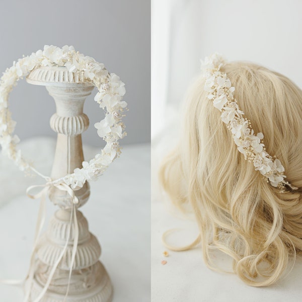 Trockenblumen Haarkranz. Braut Blumenkranz mit Schleierkraut und Hortensien. Boho Hochzeit Blumenkrone, Blumen Haarschmuck, Kopfschmuck weiß