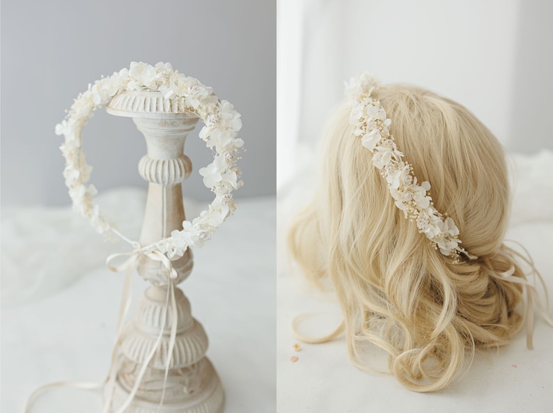 Couronne de fleurs séchées avec gypsophile et hortensia ivoire. Coiffe de mariée, couronne de cheveux de fleurs, couronne de fée fleurs stabilisées image 1