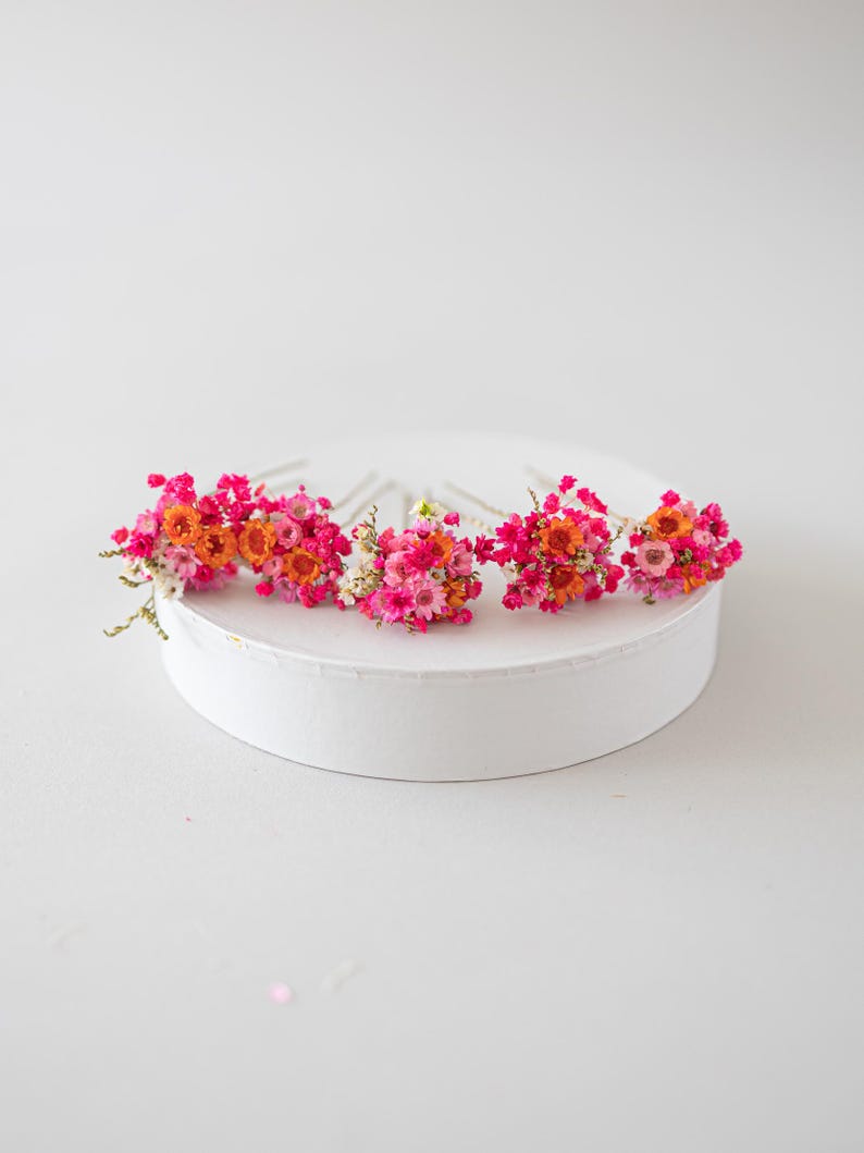 Handgefertigte Haarnadeln mit konservierten Blumen, darunter zarte Gänseblümchen und Schleierkraut in Orange, rosa und pink. Diese romantischen Haarblumen in warmen Herbstfarben sind ein vielseitiger Haarschmuck für Boho-Styles und natürliche Looks. Perfekt als bunter Haarschmuck mit Wildblumen und Schleierkraut für Sommerfeste, Oktoberfest, Hochzeiten, Weihnachten, Brautpartys, Geburtstage, Babypartys. Ideal als herbstliche Accessoires, Haarklammern.