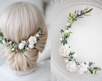 Bridal Hair Vine with Flowers, dried Baby's Breath,green leaves, white pearls, Wedding Headpiece Vintage Inspired Hair piece
