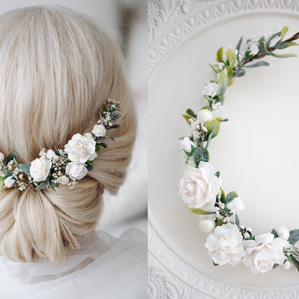Hochzeit Haarschmuck mit Blumen,Perlen und Schleierkraut in Elfenbein und grün. Oktoberfest Haarranke, Haarblüten Braut und Brautjungfern 