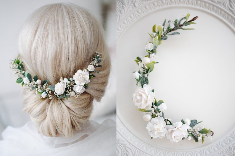 Hochzeit Haarschmuck mit Blumen,Perlen und Schleierkraut in Elfenbein und grün. Oktoberfest Haarranke, Haarblüten Braut und Brautjungfern Bild 1