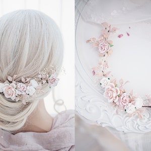 Bridal Hair Vine with blush roses, dried baby&#39;s breath,ruskus leaves. Boho Rustic wedding Headpiece pink and Ivory. Vintage inspired crown