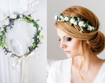 Boda de corona de flores, tocado de novia, tiara de banda de pelo de corona de pelo, flores de cabello de novia, corona de hadas, accesorios de cabello de boda Diadema Halo