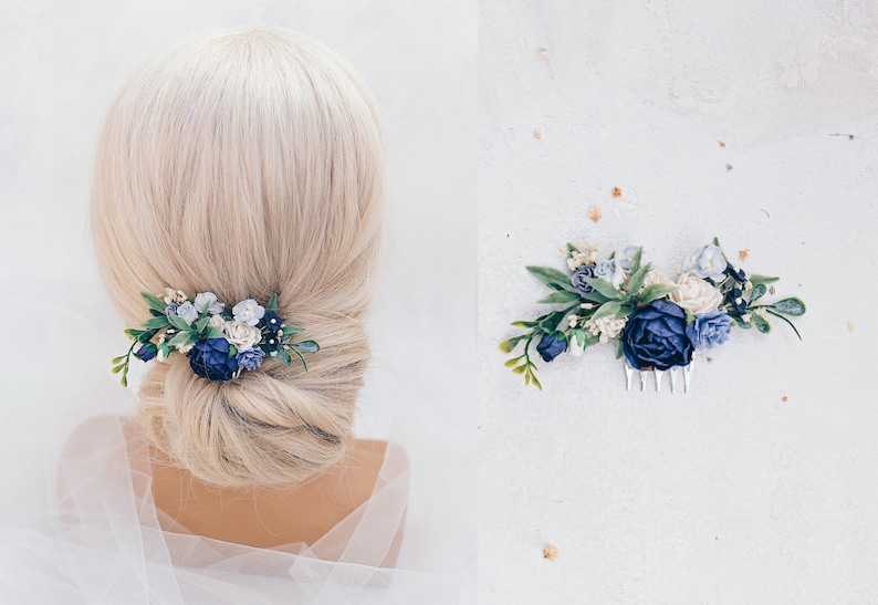 Peigne de mariée avec fleurs bleu foncé et blanches, coiffe de mariage bohème. Fleurs pour cheveux de demoiselle d'honneur, accessoire pour cheveux, bleu marine, bleu marine image 4