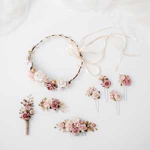 Bridal hair comb in rose, dusty pink and gold. Boho Wedding Headpiece Bridesmaid Hair Flowers with Roses and greenery zdjęcie 2