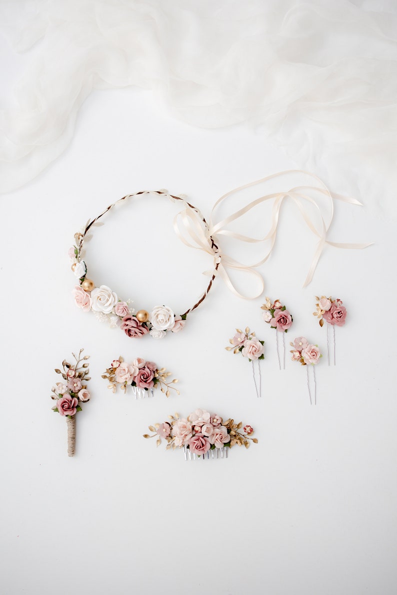 Bridal hair comb in rose, dusty pink and gold. Boho Wedding Headpiece Bridesmaid Hair Flowers with Roses and greenery zdjęcie 2