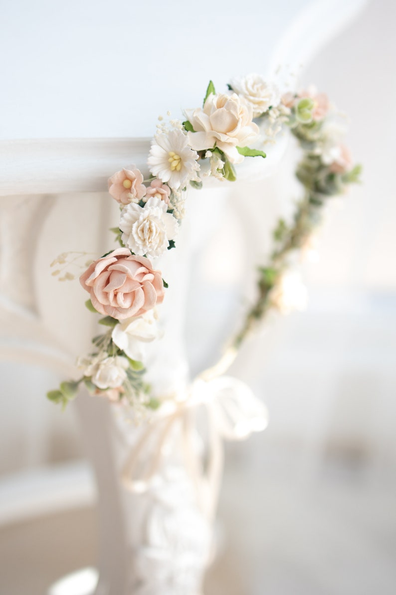 Bridal Flower Crown light pink, champagne, ivory, blush. Wedding Headpiece Boho Rustic Hair Wreath with Baby's breath, eucalyptus leaves image 2