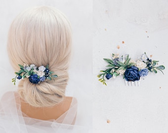 Peineta de novia con flores de color azul oscuro y blanco, tocado de boda Boho. Flores para el cabello de dama de honor, accesorio para el cabello, azul polvoriento, azul marino