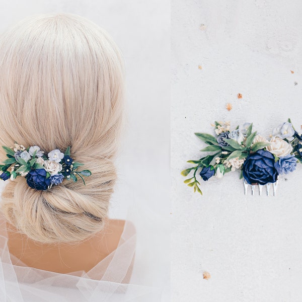 Bruidshaarkam met donkerblauwe en witte bloemen, Boho bruiloftshoofddeksel. Bruidsmeisjeshaarbloemen, haaraccessoire, stoffig blauw, marineblauw