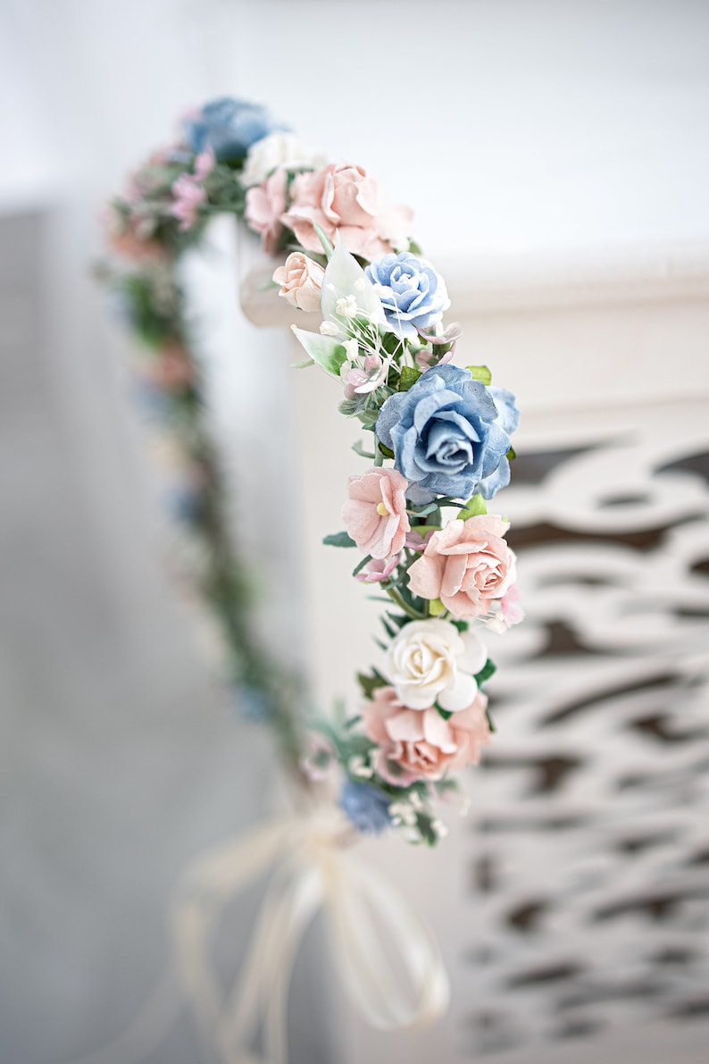 Bridal Flower Crown, rustic and boho fairy headpiece, eucalyptus, gypsophila hair wreath, Hair Flowers, Photo Shooting headband, dusty blue image 5