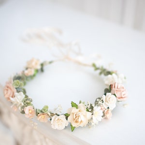 Bridal Flower Crown light pink, champagne, ivory, blush. Wedding Headpiece Boho Rustic Hair Wreath with Baby's breath, eucalyptus leaves image 8