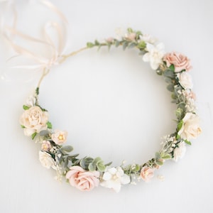 Bridal Flower Crown light pink, champagne, ivory, blush. Wedding Headpiece Boho Rustic Hair Wreath with Baby's breath, eucalyptus leaves image 6