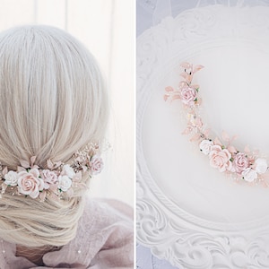 Bridal Hair Vine with blush roses, dried baby's breath,ruskus leaves. Boho Rustic wedding Headpiece pink and Ivory. Vintage inspired crown image 2