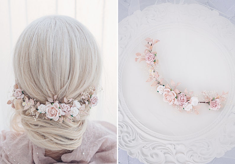 Bridal Hair Vine with blush roses, dried baby's breath,ruskus leaves. Boho Rustic wedding Headpiece pink and Ivory. Vintage inspired crown image 2