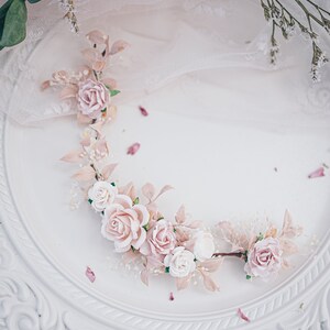 Bridal Hair Vine with blush roses, dried baby's breath,ruskus leaves. Boho Rustic wedding Headpiece pink and Ivory. Vintage inspired crown image 7