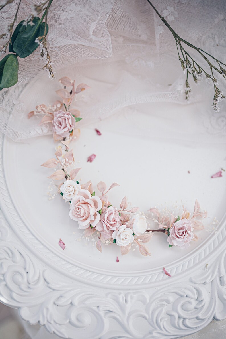 Bridal Hair Vine with blush roses, dried baby's breath,ruskus leaves. Boho Rustic wedding Headpiece pink and Ivory. Vintage inspired crown image 7