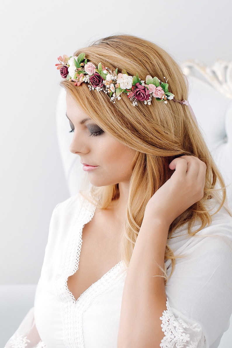 Braut Blumenkranz Boho Hochzeit Blumen Haarschmuck Kranz Haarkranz Hochzeit Oktoberfest Dirndl Blumenkrone Kopfschmuck Blüten Fotoshooting Bild 10