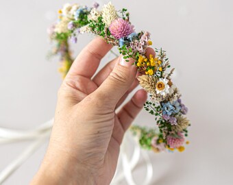 Colorful Flower Crown With Dried Flowers. Bridal Flower Hair