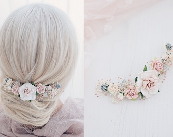 Vigne de cheveux de mariée avec des fleurs, gypsophile séché, morceau de cheveux d'inspiration vintage de casque de mariage en blanc, rose, ivoire et bleu bébé