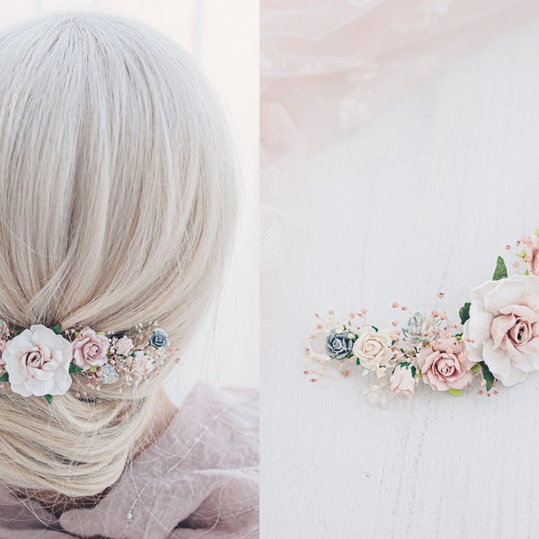 Bridal Hair Vine with Flowers, dried Baby's Breath, Wedding Headpiece Vintage Inspired Hair piece in white, rose, ivory and baby blue