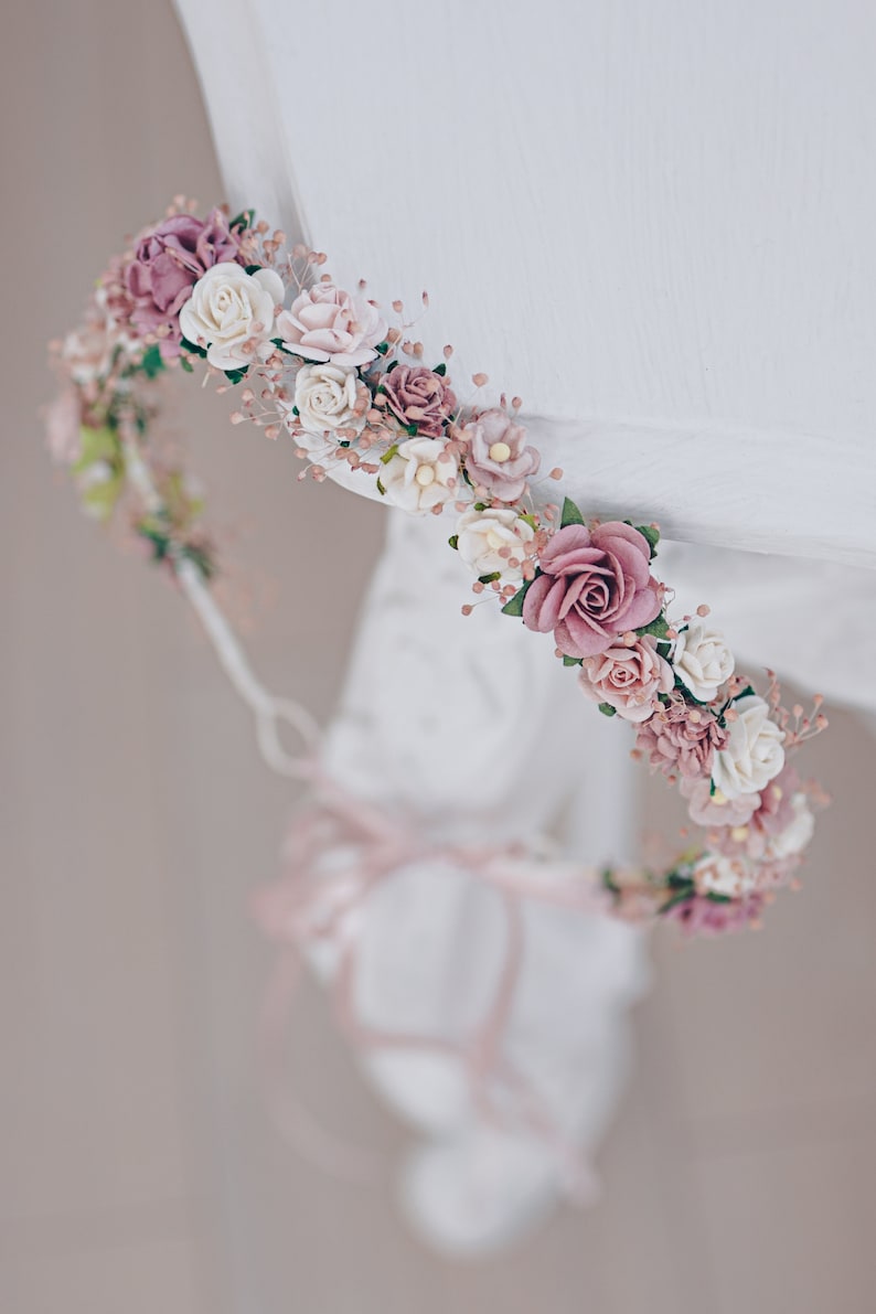 Aliento del bebé de la corona de flores, tocado nupcial, corona de pelo, corona de hadas, diadema de accesorios para el cabello de la boda en rosa polvoriento, malva, rosa, rubor imagen 6