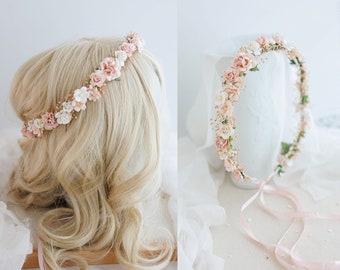 Corona de flores secas con aliento de bebé y flores de rosas polvorientas. Tocado nupcial, corona de pelo de flores, corona de hadas, diadema de boda rosa rubor