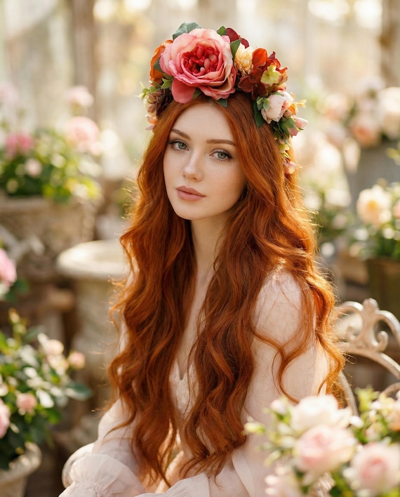 Frida Kahlo Inspired Silk Flower Headband. Pink - Orange