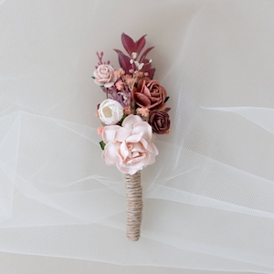 Boutonniere for the groom Boho and Rustic Wedding. Flower Brooch  with eucalyptus leaves, ruskus, foliage, roses and wild flowers