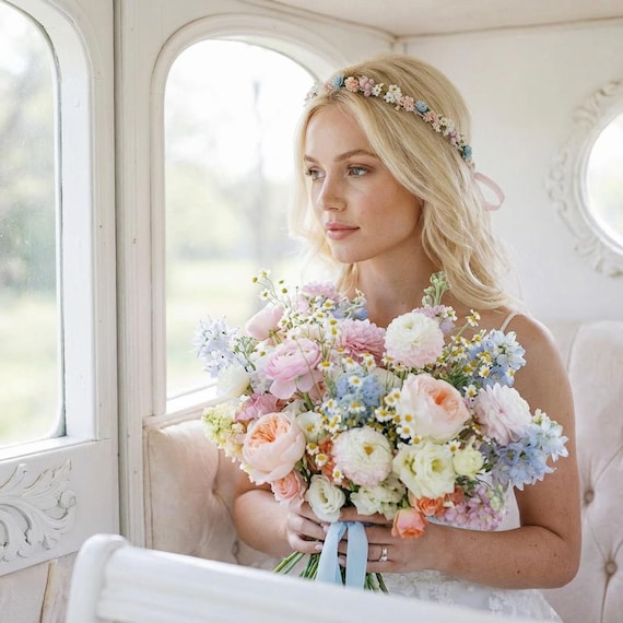 Trockenblumen Haarkranz. Zarter Blumenkranz mit kleinen Blüten. Hochzeit Blumenkrone, Braut Blumen Haarschmuck in Pastellfarben