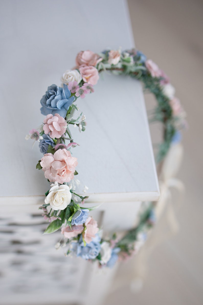 Bridal Flower Crown, rustic and boho fairy headpiece, eucalyptus, gypsophila hair wreath, Hair Flowers, Photo Shooting headband, dusty blue image 6