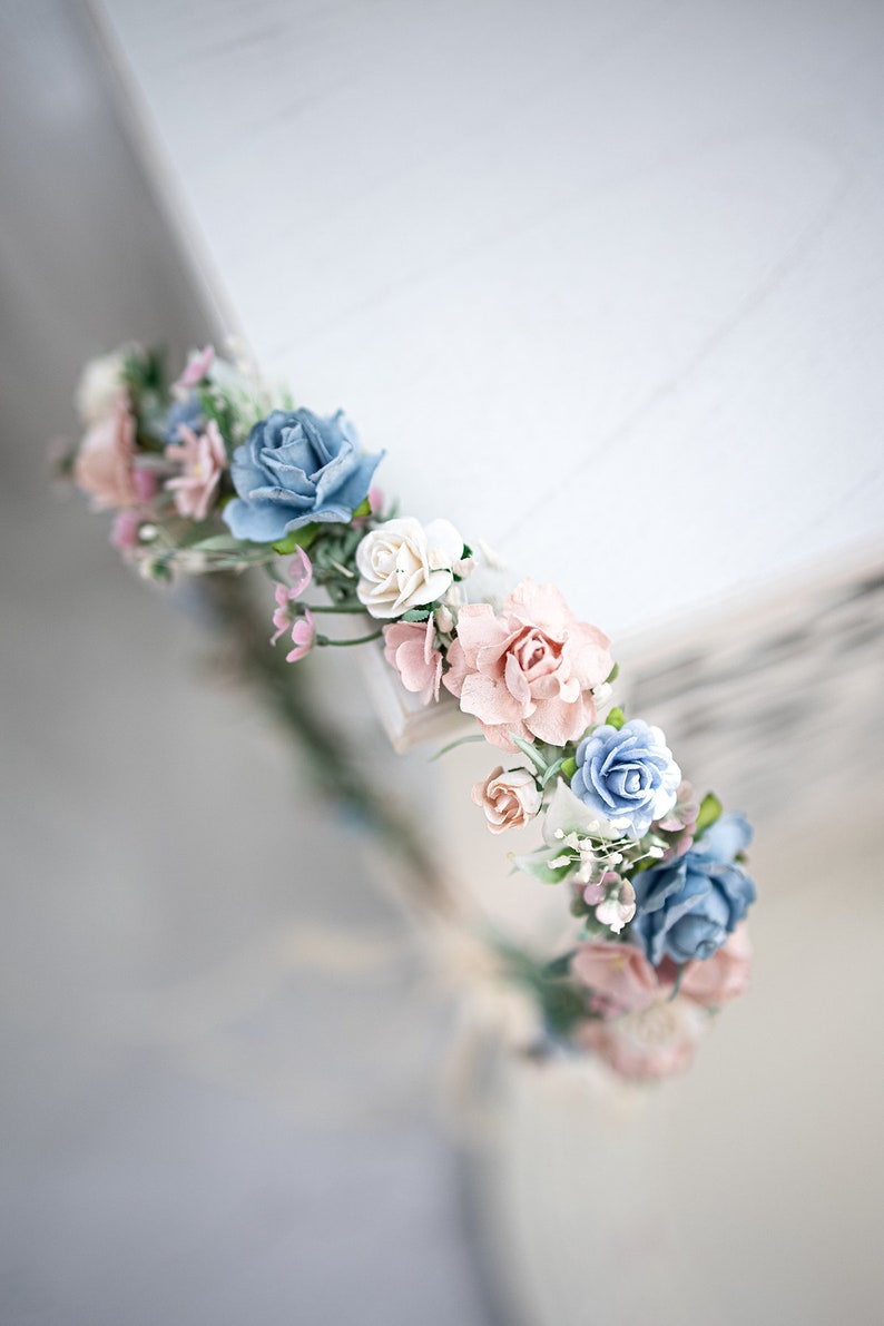 Bridal Flower Crown, rustic and boho fairy headpiece, eucalyptus, gypsophila hair wreath, Hair Flowers, Photo Shooting headband, dusty blue image 7