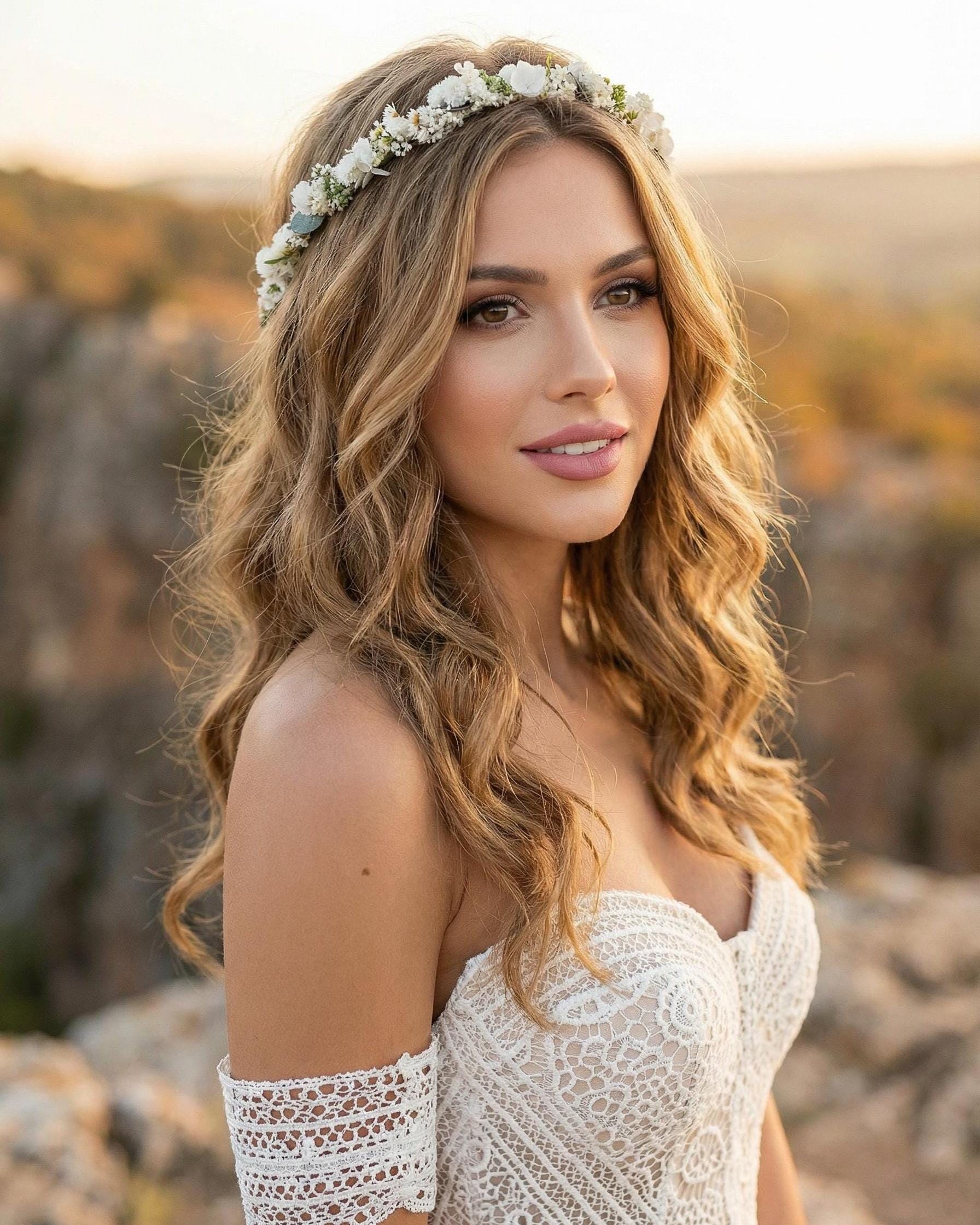 Hair Wreath With Dried Flowers. White and Green Bridal Flower