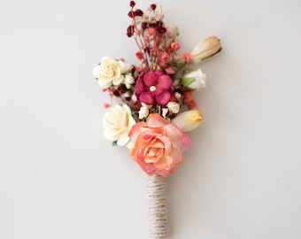 Boutonniere for the groom Boho and Rustic Wedding. Flower Brooch  with wild flowers, roses and dried baby's breath