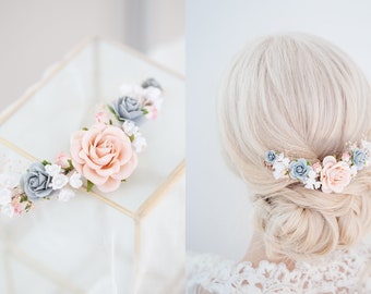 Bridal Hair Vine with Flowers, dried Baby's Breath, Half Wreath in dusky blue and soft peach, Wedding Headpiece Vintage Inspired Hair piece