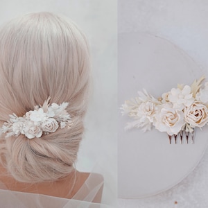 Bridal hair comb with white and cream flowers, pampas grass. Boho wedding headpiece. Bridesmaid hair flowers, flower girl hair accessory image 4