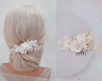 Boho Braut Haarschmuck mit Blumen, Pampasgras in weiß, elfenbein und creme Brautjungfern Haarkamm Oktoberfest Schmuck Boho Hochzeit