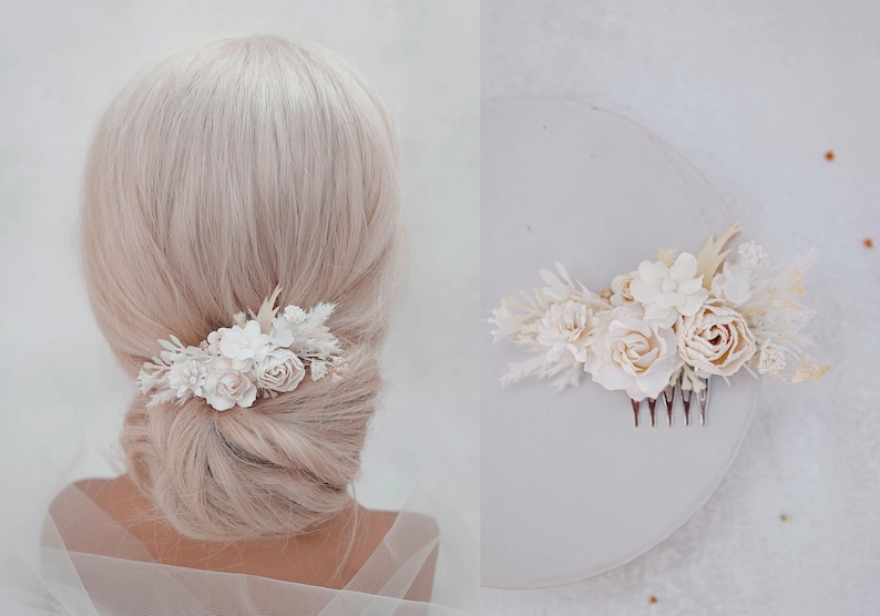 Bridal hair comb with white and cream flowers, pampas grass. Boho wedding headpiece. Bridesmaid hair flowers, flower girl hair accessory image 4