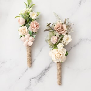 Boutonniere/ Anstecker, Hochzeit Ansteckblume Bräutigam mit Eukalyptus Blättern und Blüten in creme, champagner Bild 2