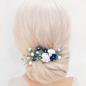 Peigne de mariée avec fleurs bleu foncé et blanches, coiffe de mariage bohème. Fleurs pour cheveux de demoiselle d'honneur, accessoire pour cheveux, bleu marine, bleu marine image 9