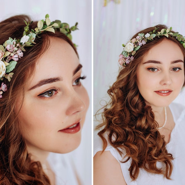 Bridal Flower Crown with dusty pink, blush, champagne flowers. Eucalyptus, roses and greenaries. Wedding Headpiece Boho Rustic Hair Wreath