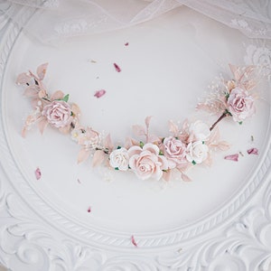 Bridal Hair Vine with blush roses, dried baby's breath,ruskus leaves. Boho Rustic wedding Headpiece pink and Ivory. Vintage inspired crown image 8