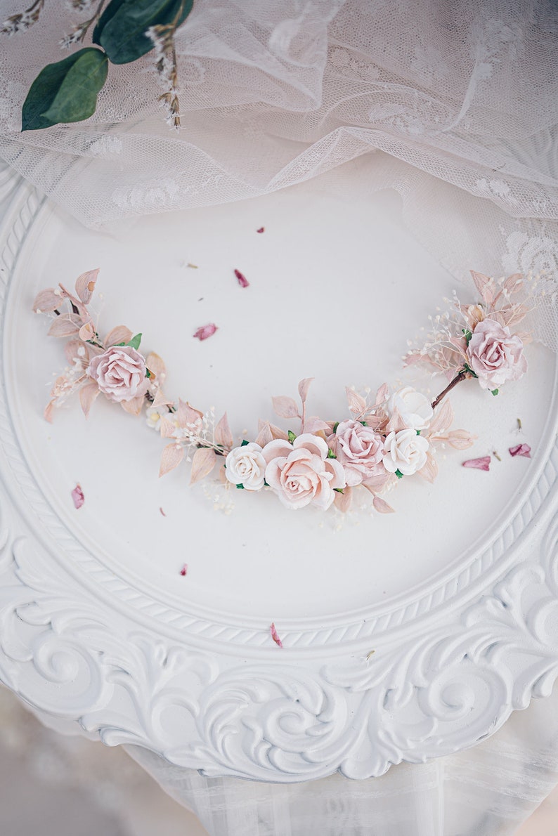 Bridal Hair Vine with blush roses, dried baby's breath,ruskus leaves. Boho Rustic wedding Headpiece pink and Ivory. Vintage inspired crown image 8