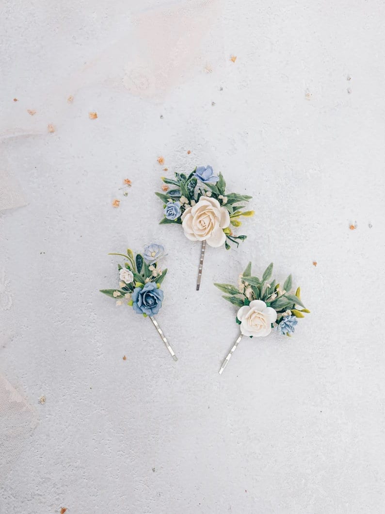 Blue bridal headpiece, hair comb, bobby pins or boutonniere. Roses, butterfly, eucalyptus and dried gypsophila. Boho wedding accessories SET x 3 hair pins