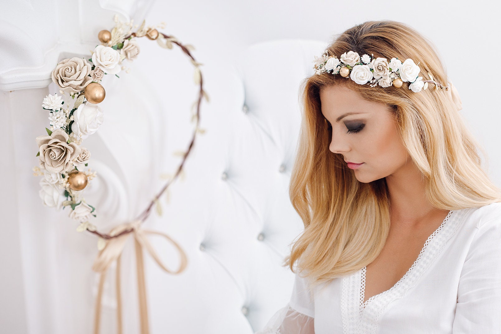 Blumenstirnband Boho Braut – Blumenkrone Aus Polyester, Verstellbar, Für Hochzeit & Fotoshooting