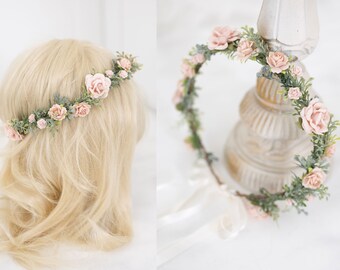 Boho flower crown. blush pink bridal headpiece, hair wreath, fairy crown, wedding hair accessories. Flower girl crown. Baby shower headpiece