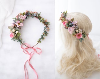 Colorfull flower crown. Bridal headpiece, flower hair wreath, pink fairy crown, wedding headband, wedding hair wreath, meadow headpiece