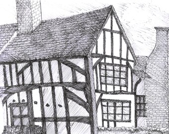 Framed A4 Print, Pen Sketch of Tudor House